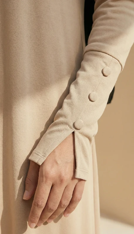 Button sleeve detailing on Bareeq beige luxury kimono - handcrafted finish