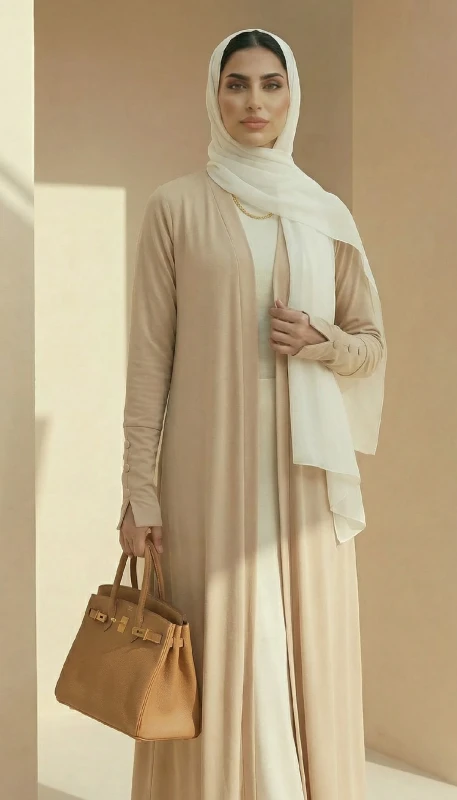 Bareeq beige luxury kimono front view - elegant modest fashion Dubai