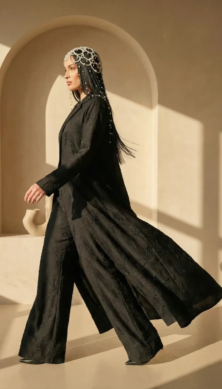 Side profile of black embroidered kimono abaya styled for evening wear UAE