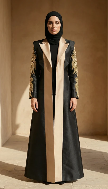 Black and gold embroidered luxury kimono front view - handcrafted Arab modest fashion Dubai