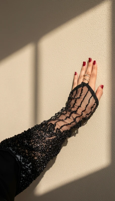 Lace sleeve detailing on black kimono abaya - handcrafted modest fashion UAE