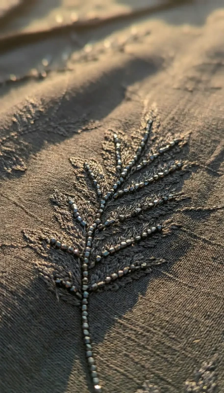 Intricate embroidered motif detail from black luxury kimono abaya