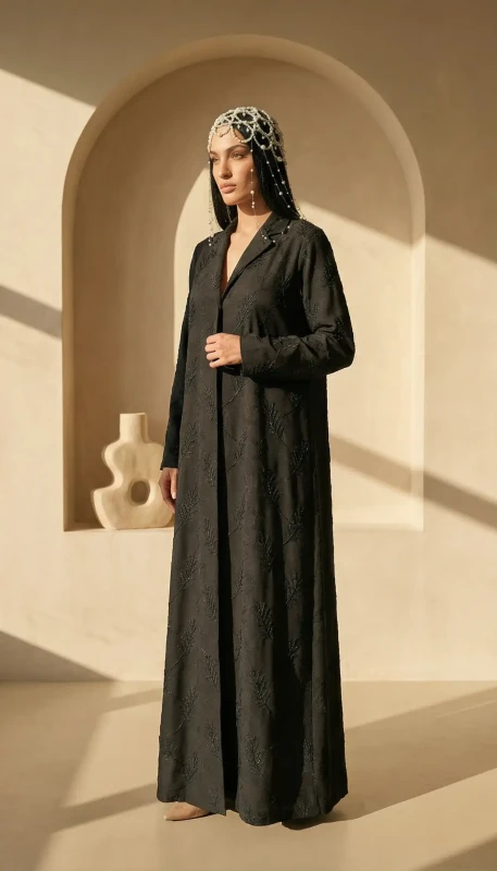 Black luxury embroidered kimono abaya front view - elegant modest fashion Dubai