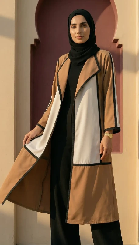 Flowing camel chiffon kimono layered over black outfit - elegant modest outerwear