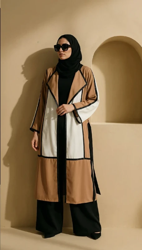 Camel chiffon long kimono front view with black trim - modern modest fashion Dubai