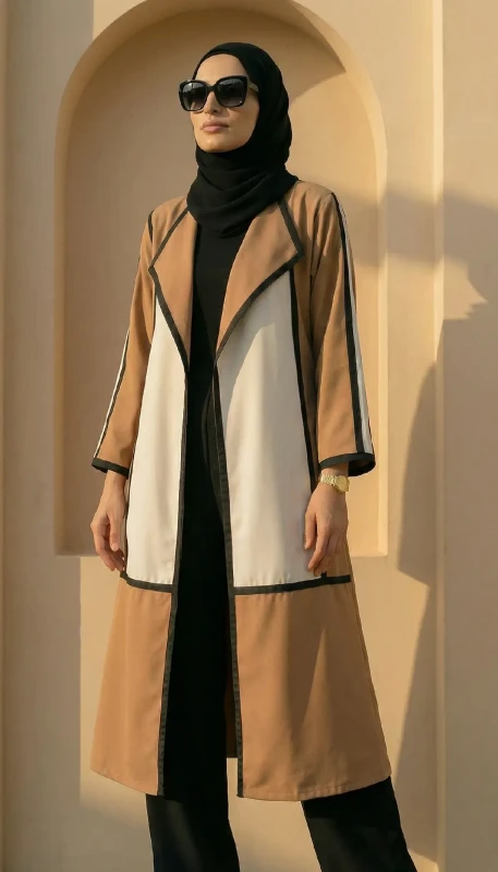 Camel long chiffon kimono with black contrast trim styled for urban modest wear UAE