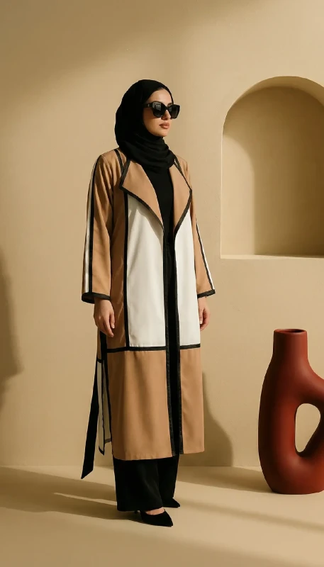 Camel long chiffon kimono styled for contemporary modest daywear in Dubai