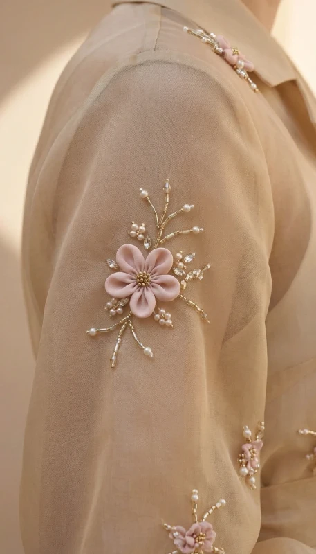 Close-up of 3D floral embroidery with pearls and gold beads on chiffon abaya sleeve – Fleuré Upper