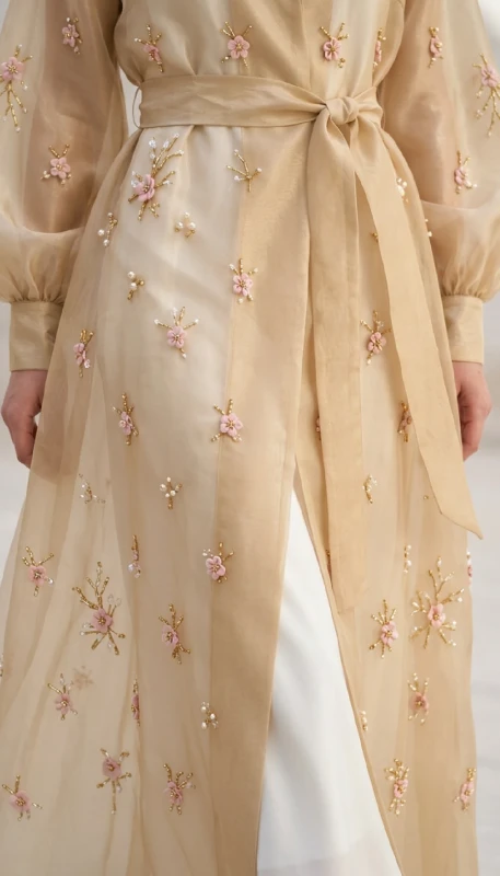 Close-up of scattered 3D floral embroidery and pearl beading on chiffon abaya skirt – Fleuré Upper by Shaz