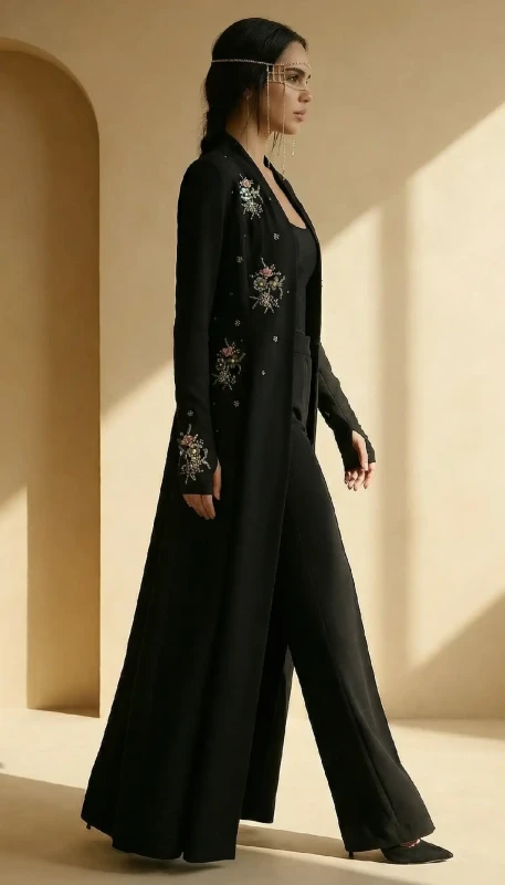 Elara black embroidered luxury kimono side view - elegant modest fashion Dubai