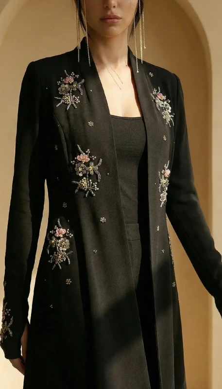 Front embroidery detailing on Elara black statement kimono for women