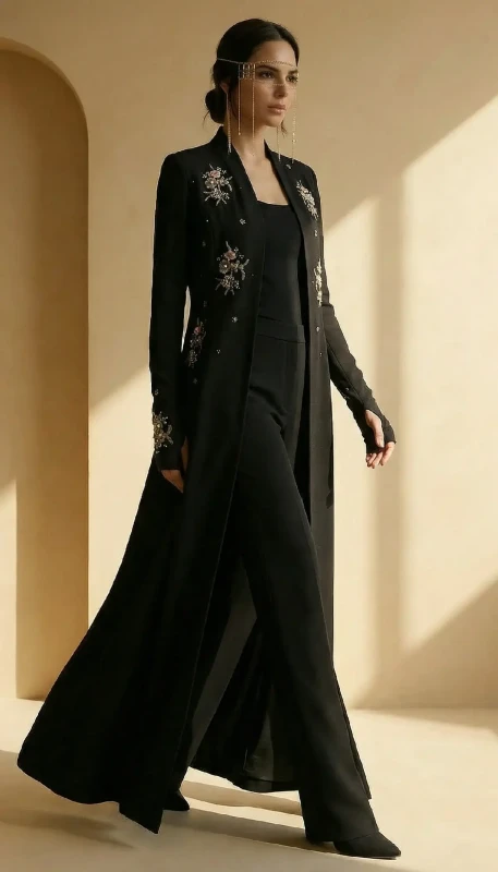 Elara black floral embroidered kimono flowing silhouette for evening wear UAE