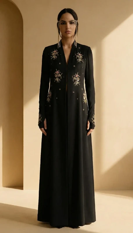 Elara black luxury embroidered kimono front view - premium modest fashion UAE