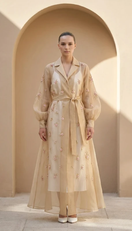 Fleuré Upper elegant open abaya in lightweight champagne chiffon with all-over floral embroidery, full-length front view