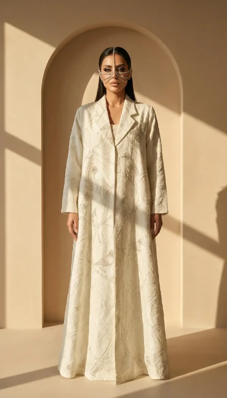 Finch bird embroidery detail on ivory luxury kimono - intricate handcrafted design