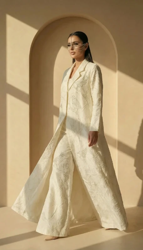 Flowing silhouette of Finch ivory luxury kimono styled for elegant evening Dubai