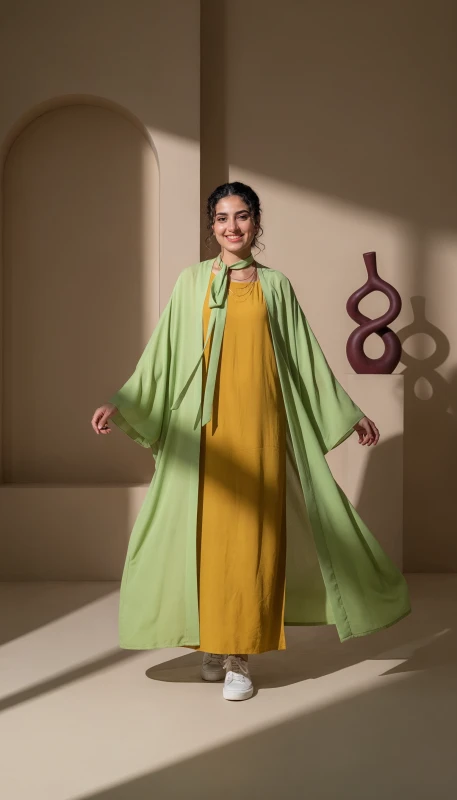 Flowing green kimono with wide sleeves - lightweight modest outerwear UAE