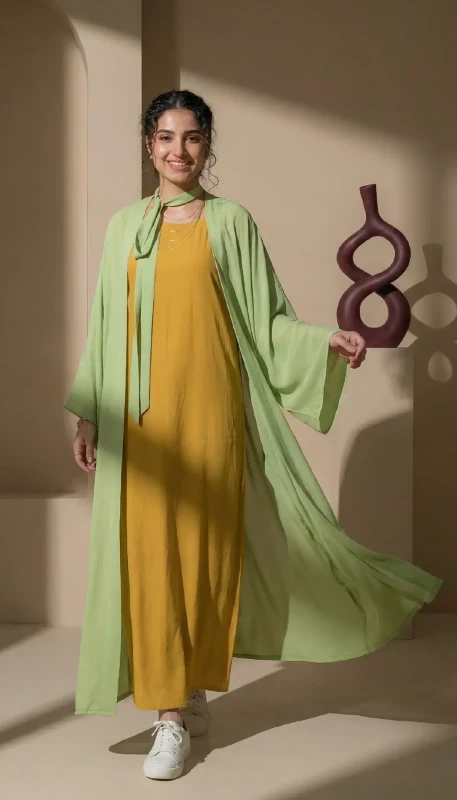 Ladies green kimono styled casually with sneakers - modern modest layering UAE