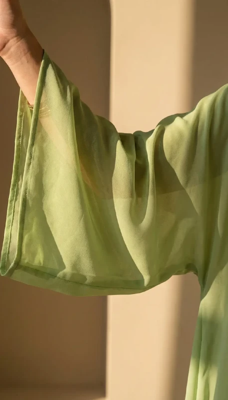 Sheer sleeve detail on ladies green kimono - breathable spring modest wear