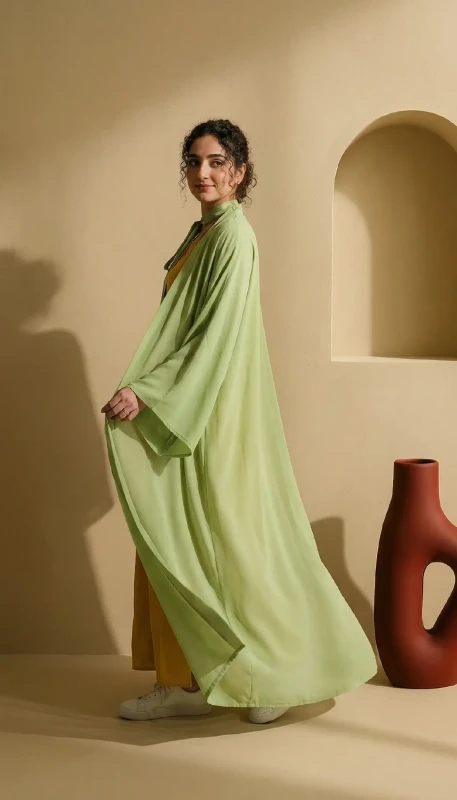 Long green kimono flowing silhouette styled for everyday modest fashion Dubai