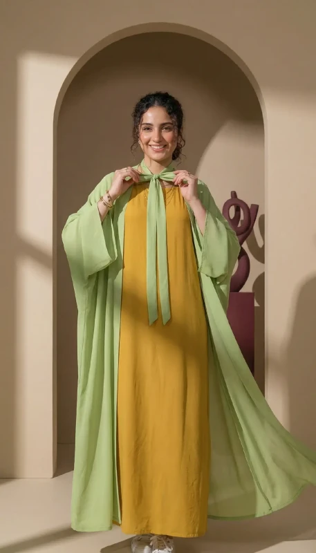 Green modest kimono for women - contemporary lightweight outerwear UAE