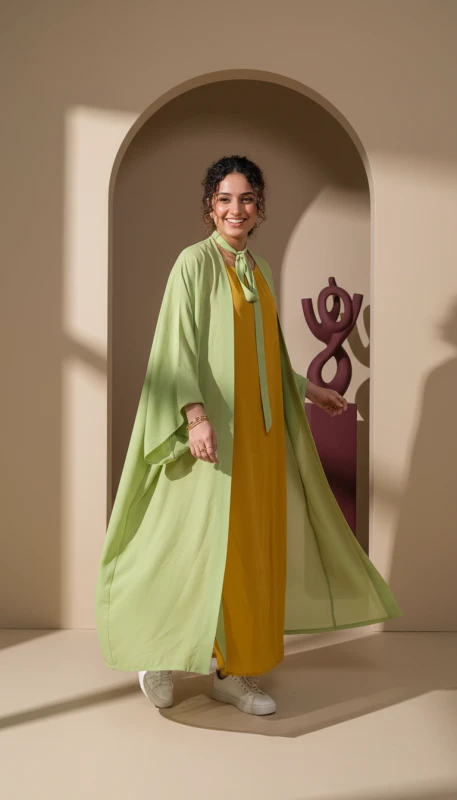 Ladies green long kimono for women styled with mustard dress - modest fashion Dubai
