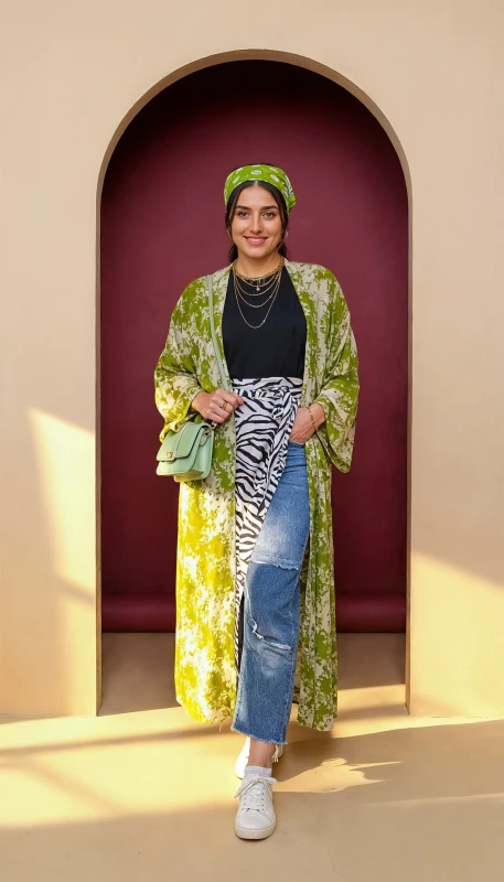 Long green floral kimono styled with black top and denim - relaxed modest outfit Dubai