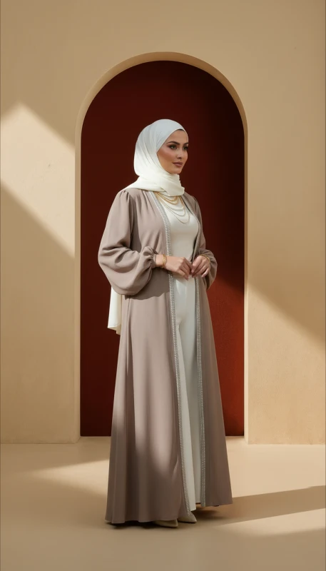 Long taupe kimono with flowing silhouette - contemporary modest wear Dubai