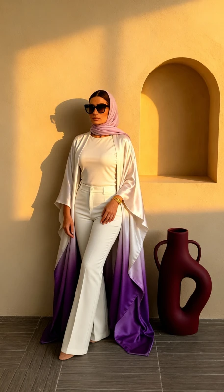 Ombre silk kimono in white to purple gradient - luxury statement outerwear Dubai