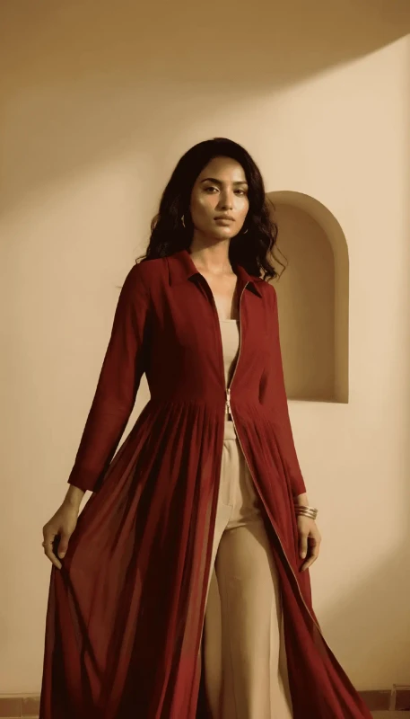 Ruby Aura long red kimono front view - elegant modest fashion Dubai