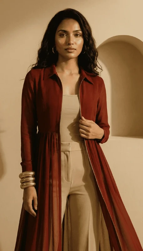 Ruby Aura red long kimono layered over neutral outfit for modern modest wear