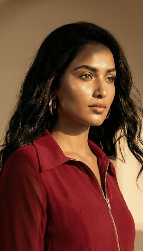 Close-up portrait of Ruby Aura red modest kimono for women