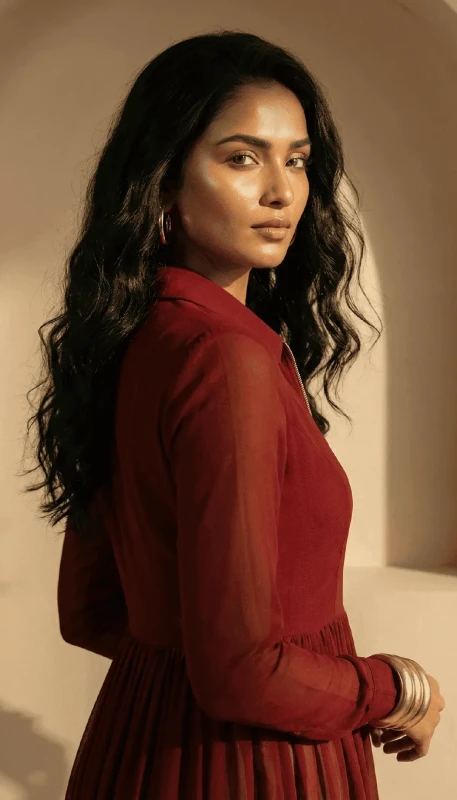 Side profile of Ruby Aura red long statement kimono for women