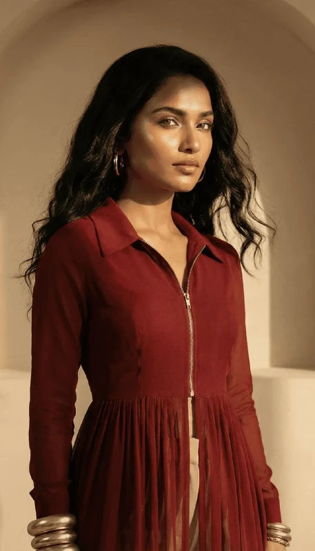 Ruby Aura red kimono with front zip detailing - refined modest outerwear UAE