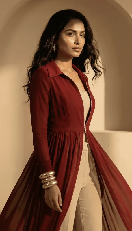 Flowing silhouette of Ruby Aura red long kimono styled in Dubai