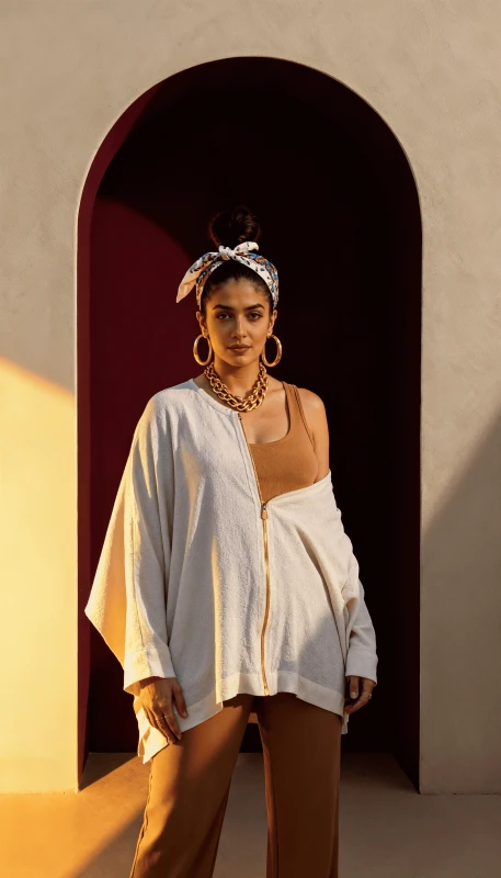 Short ivory kimono styled casually over neutral outfit for everyday modest wear