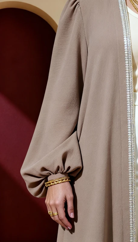 Solara long modest kimono styled with hijab - elegant neutral outerwear UAE