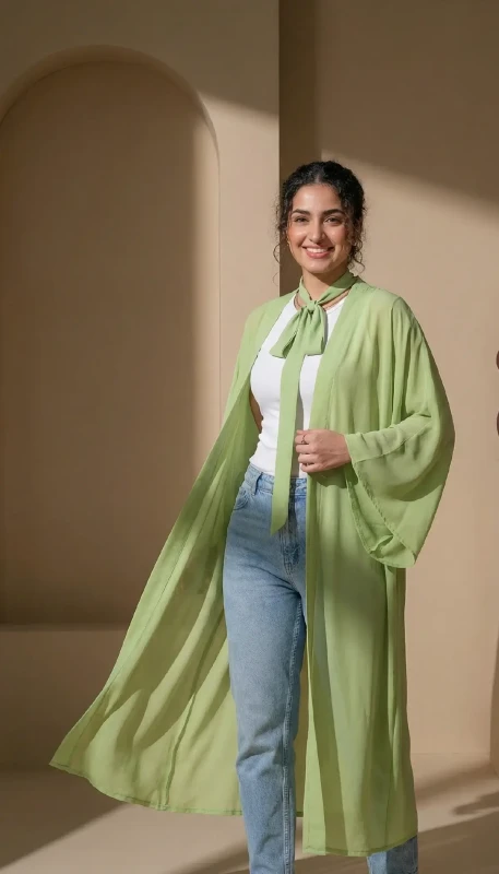 Spring green kimono for women styled for relaxed everyday modest fashion Dubai